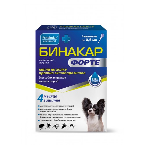 Капли на холку против эктопаразитов для собак и щенков мелких пород Бинакар Форте, 4 пипетки